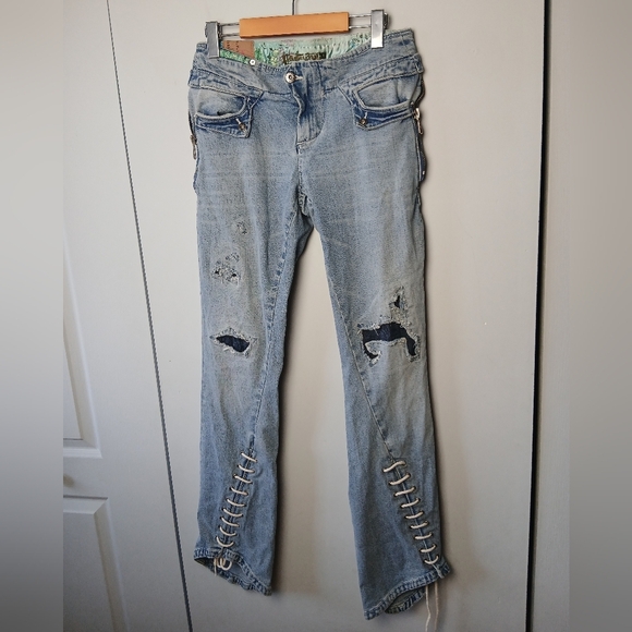 PARASUCO 2000 Y2K Women Jeans Size 30 Unique Original Model Laces Patchwork - Picture 1 of 11